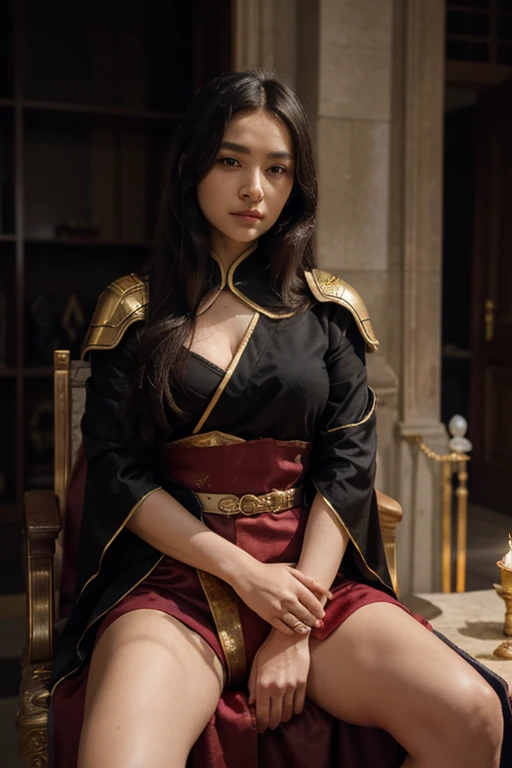Full portrait of a Japanese female samurai warrior holding a long sword ((intricate details of sword blade)), (sitting cross-legged), (Detailed Face), (seductive eyes:1.1), (highly detailed skin:1.1), ((expression of meditation or lost in thought)), perfect slim body, (big breasts:1.3), wearing an elaborate silky textured kimono with intricate imari ware design similar to Japanese ceramics of the Edo period, simple handmade jewelry, modelshoot, Fashion Photography, rococco lighting, PHOTOREALISTIC, Realistic, (surrounded by a dark temple in candlelight), blurred background, RAW, analog, sharp focus, UHD, HDH, HDR, 8k, 16k, 32k, high resolution, DSLR, high quality, Fujifilm XT3, grain, award winning, masterpiece,