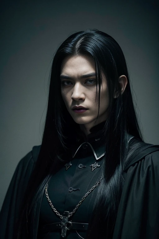 dark fantasy, young man with full black alien eyes and long silver shine hair, massive necklace around the neck, angey emotions, antagonist, red monastic robes, dark background