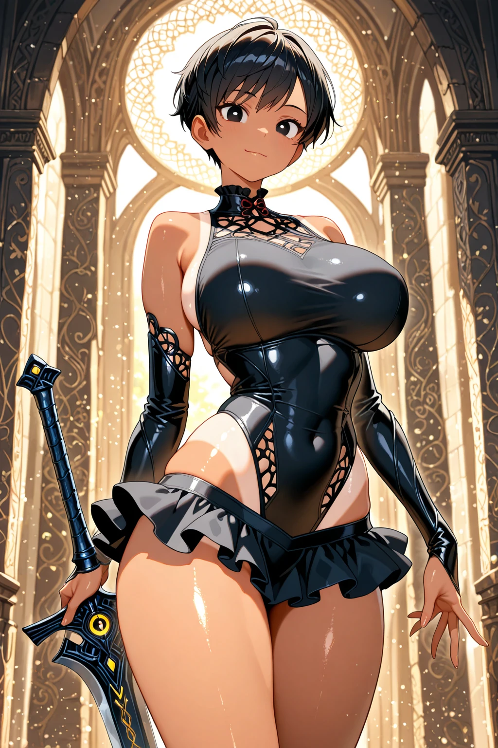 "(masterpiece:1.1), best quality, NSFW,
1girl, (80s anime style:1.3), (eyelashes:1.5), (loli:1.2),
(intricate high detailed body:1.2),
(brown hair:1.1), (blunt bangs:1.1), (very short hair, pixie cut:1.1), (flower brooch, hair ornament:1.2),
purple eyes,
(dark skin:1.5), (perfect world gigantic, gigantic breasts:1.5),
(shy:1.2), (blush:1.1), open mouth,
(string leotard armor, cleavage cutout:1.2), (garter belt:1.1),
(knight armor, armored boots:1.2), (belts:1.1), (accessories:1.1), hand cuffs,
standing, arms behind back,
(upper body, cowboy shot, looking at viewer, from front:1.1),
(daytime, grassland, outdoors:1.2)"
