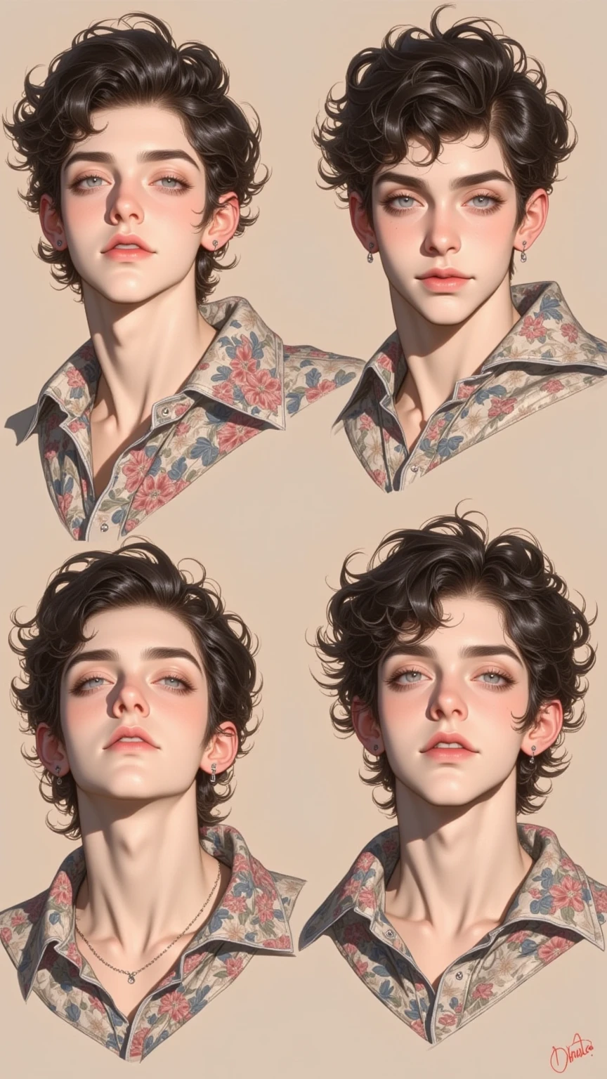 teenage boy, short curly hair, serious expression
