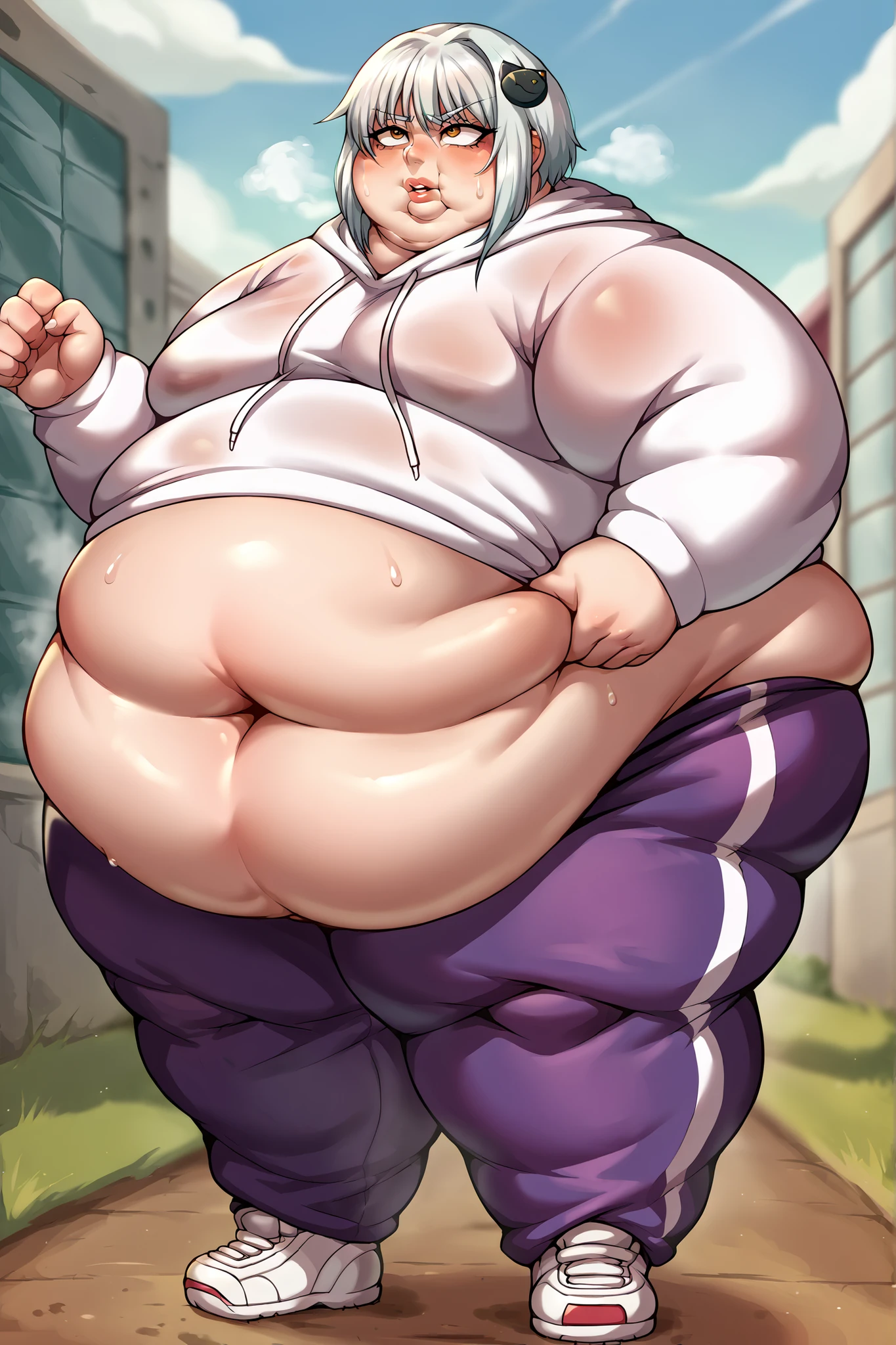 ((best quality)), ((masterpiece)), (cartoony style), perfect face, male character, ((femboy)), cute boy, (japanese schoolboy), (japanese school light blue summer sailor uniform), wet clothing, ((thin see-through brown skintight bike shorts)), white long socks, ((short height)), (bottom heavy), ((big butt)), wide hips, ((thick plump thighs)), ((visible bulge inside bike shorts)), (erect nipples under shirt), (flat chest), small breasts, (slim belly), fair skin, (short boyish brown hair), big hazel eyes, ((detailed eyes)), red cheeks, blush, (smug smile), ((bratty expression)), ((sweaty)), steaming breath, aroused, (japanese school classroom background), lewd pose, cute pose, sexy pose, full body visible