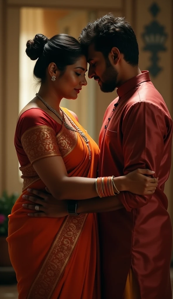 a 20-year-old shirtless man affectionately hugging and kissing aradiant, full-figured South Indian plus-sized 30 year old teacher wearing a blue silky saree in bed room, captured in a full-body image with vibrant hues and meticulous details. Full body image