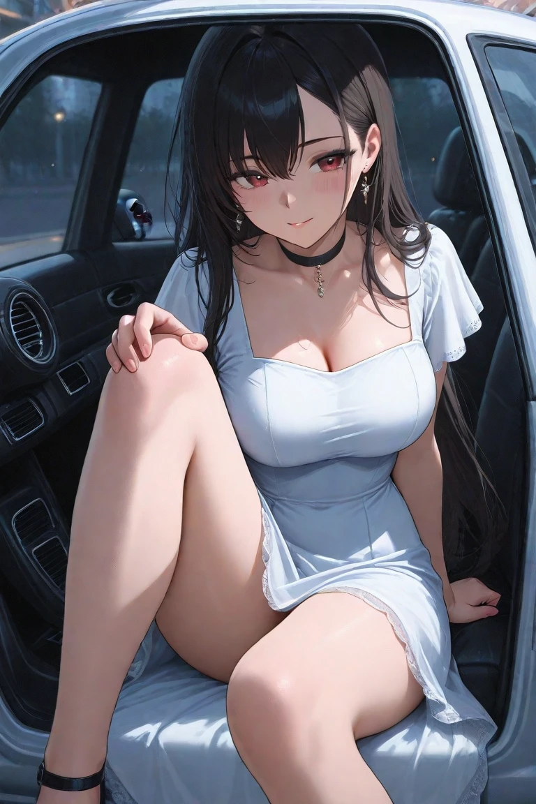 (best quality,4K,8k,high resolution,masterpiece:1.2),super detailed,(actual,realistically,realistically:1.37), Ultra high definition face, Woman in frilled dress for photo, seduct smile, attractive girl, jaw-dropping beauty, Thin waist and thick hips, hourglass figure, fitness model, rosy cheeks, Alluring with a smile, (((sit on ther car))), car, underboob