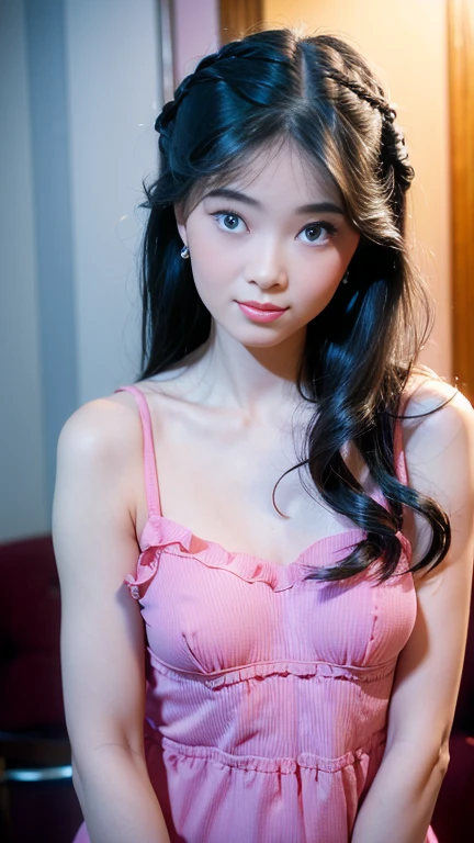 Asian women, goddess, perfect body, long hair, fine skin texture and cloth texture, detailed eye texture, long eyelashes, double eyelids, (chest close-up: 1.4), hotel, 8k, highest image quality, masterpiece, super high resolution: 1.2, beautiful female photo with the theme of girly elegant style, Arad woman posing for photo in light dress, soft organza dress, flowing dress, wearing elegant dress, wide waist, lace fabric, lace bra, lace, light dress, Elegant dresses, flowing, chiffon, voile dresses, dresses, Small breasts