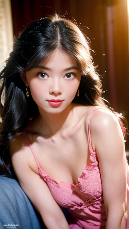 Gentle portrait of a beautiful Asian woman, flowing hair, captivating blue eyes, delicate features, radiant smile, natural makeup, elegantly dressed, small round breast, (Deep V Satin Silk Lingerie)),gentle expression, slight blush, warm skin tones, fantastic lighting, soft shadows, high-resolution digital painting, realistic style, artistic interpretation, by a skilled portraitist.