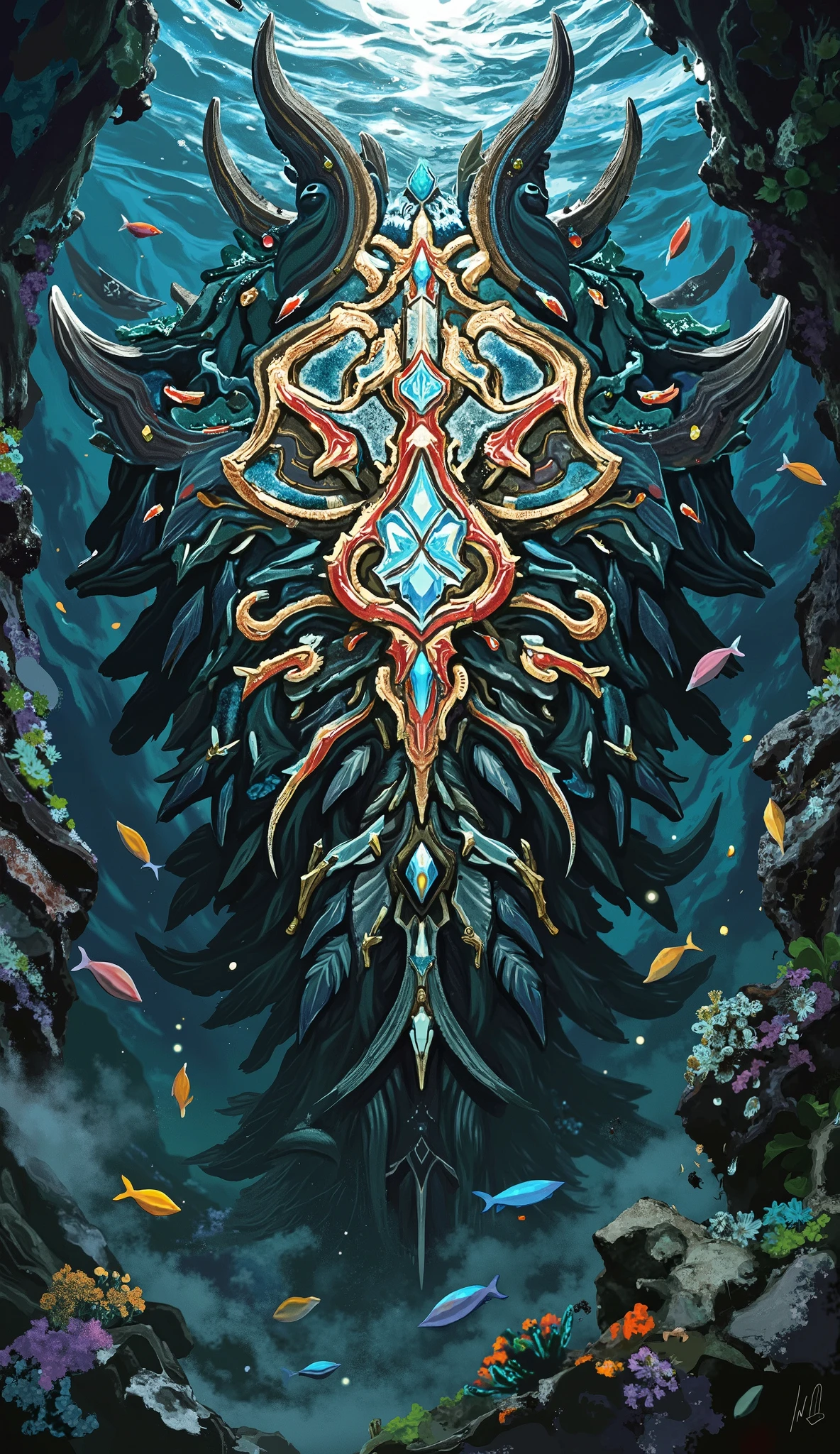 The coral shield is placed in the ocean,Coral growth,gemstone inlay,The appearance of a strong sword,The appearance of a school of fish,The shape of an epic,spacious
