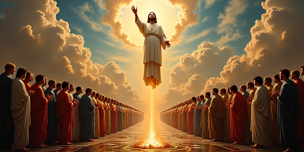 I want you to make me a painting of the evangelical Christian religion where you can see people worshiping Jesus and that God is sitting in the middle of light and that the people are kneeling and also standing for the countries Brazil of South America and Costa Rica of Central America. I want the flags of both countries to be seen.