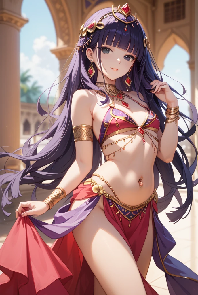 high quality, ultra detailed, best quality, insanely detailed, beautiful, masterpiece, 1girl, medieval plaza, cowboy shot, red eyes, long hair, purple hair, belly dancer, circlet, earrings, armlets, bracelets, bashful smile, large breasts, cleavage, soft stomach