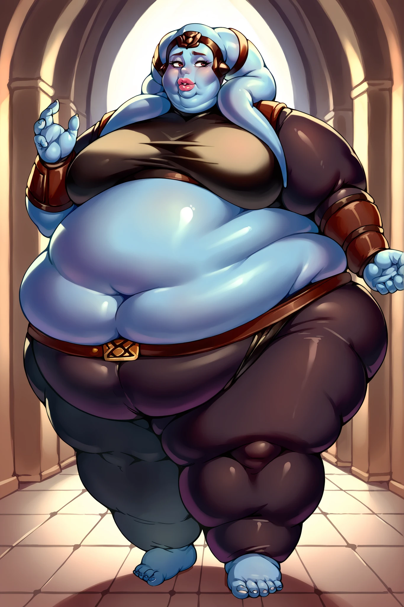 1 Ahsoka Tano, 1woman, Orange skin, Arabian dancer outfit, chubby, curvy, long lekku, embarrassed, overweight, fat belly, embarrassed about her weight. fat, thick thighs. obese, wide hips, wide, rotund, long lekku. inside a palace. large cleavage, thick thighs, long hair, long montral. wid hips, fully orange skin, blue arabian dancer outfit. curvy. very wide hips. very long lekku, very long hair. bright orange skin,