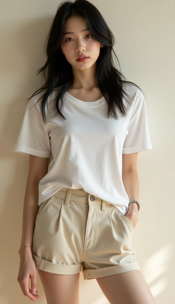 a woman around her 20’s wearing a big white shirt with a short pants long as an inch, she have a long black hair and white skin. she look at her phone