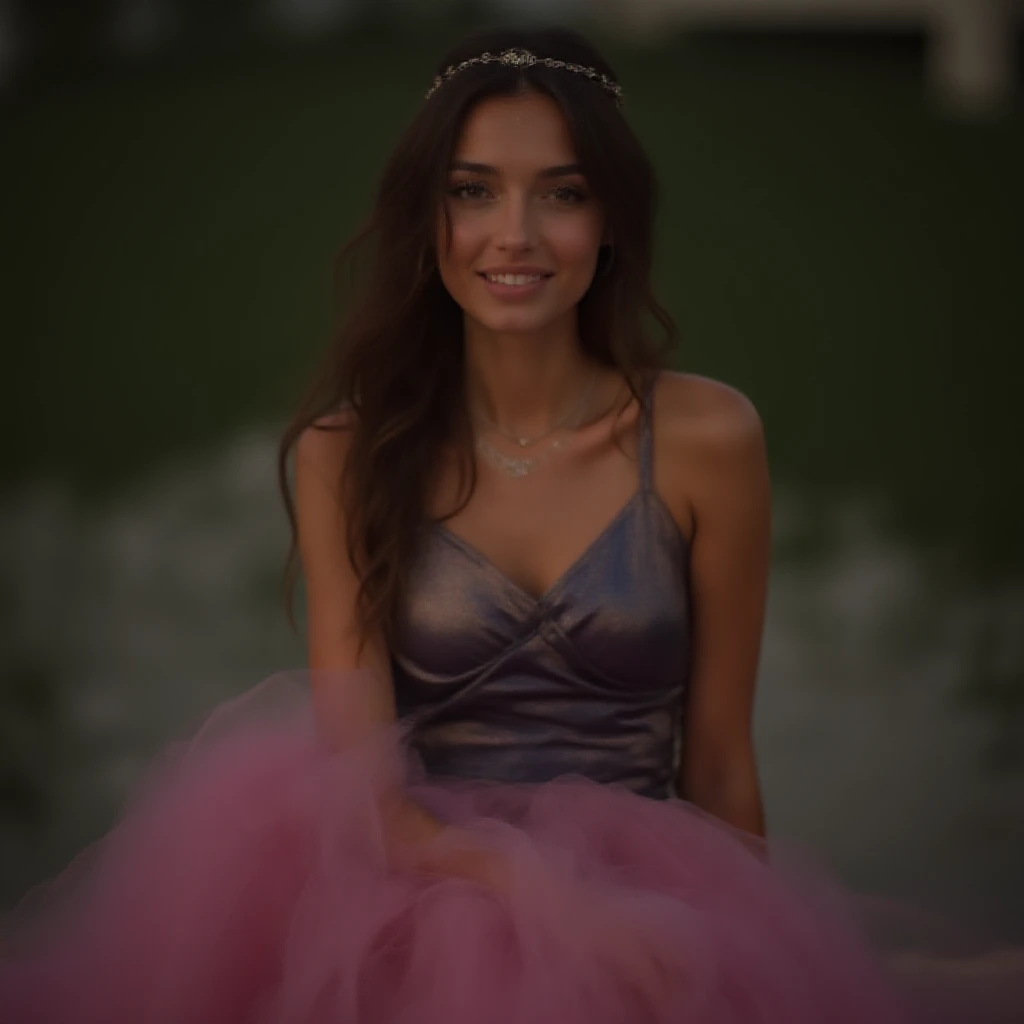 A young woman in her early twenties, dressed in a bright pink dress, is seated on a grassy hill overlooking a serene lake. The sun is setting behind the trees creating a warm glow that bathes her face in gentle light. She leans back with her arms extended, as though embracing the moment, and her long, brown hair flows gracefully in the breeze. A smile lights up her face as she takes in the stunning beauty of the scene before her. The colors of the sunset reflect off the water and cast a kaleidoscope of hues across her face, adding to the otherworldly feel of the moment. It's as though time stands still as she sits there, lost in thought or contemplation, a portrait of pure enchantment., (&:0)