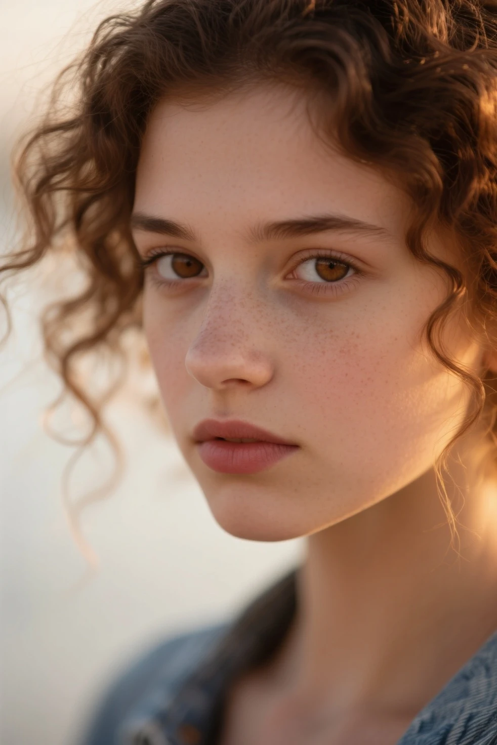 A photorealistic portrait of a young European female model with big, curly brown hair, wearing fashionable street clothes, shown in a mid-shot capturing her confident stance, 6k resolution, intricate details on her hair texture and clothing, set against a urban street backdrop with a mix of modern and classical architecture, highlighted by soft evening sunset lighting.
