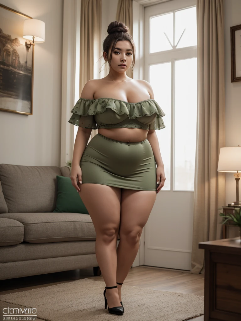 Stunning photography of a plus size olive skinned Thai woman, Her hair is in a bun. Full body, She was only wearing a bra and hot pant, posing very seductively, stand holding a smart phone in a very clean and luxurious kitchen