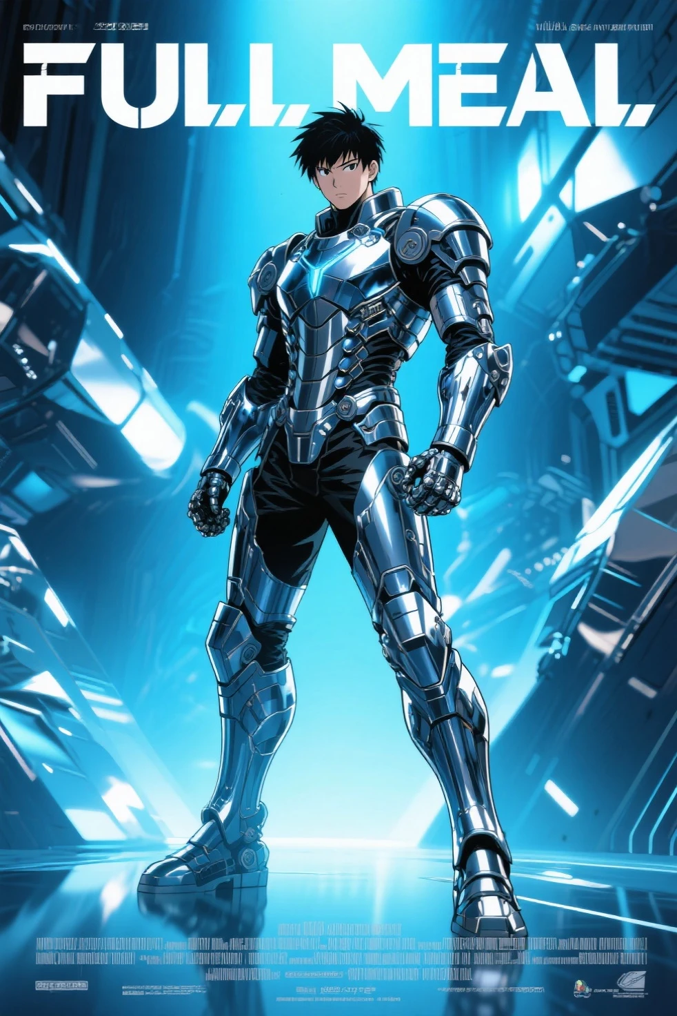 Handsome Japanese male models 22 years old smile Black Hair Short cut Short bangs looking at the camera Shiny whole body silver suit Shiny silver latex suit Mega Bulge looking at the camera Future World Dynamic Pose taunt whole body