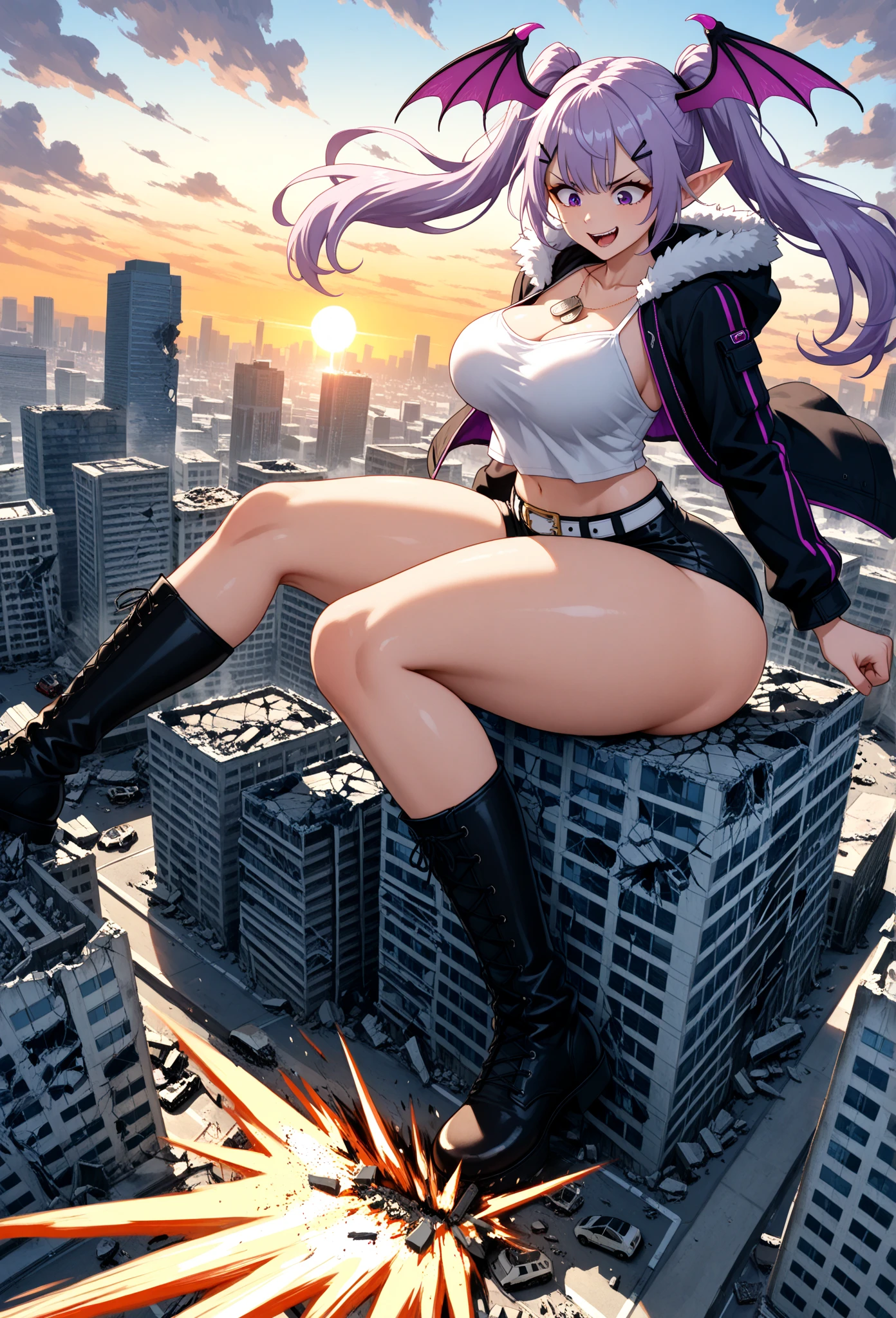 ((best quality)), ((masterpiece)), (detailed), 2 people, perfect face, white hair, white cat ears, white cat tail, DD cup breasts, thick thighs, glowing red colored eyes, smirking, pink choker, pink short sleeve crop top, pink and black plaid skirt, spike belt, fishnet stockings, black platform boots, sitting on raised concrete, showing sole of boot, view from below