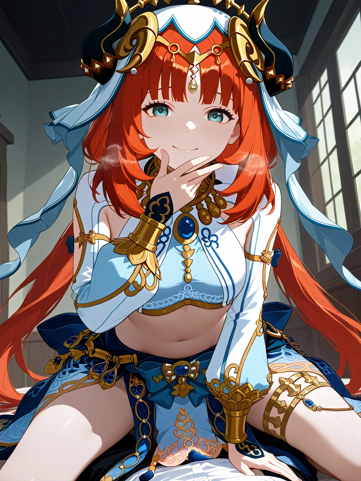 (Masterpiece), Best quality, yeux expressifs, visage parfait,W session, w assis par terre, bras entre les jambes, les deux bras entre les jambes, anime character,Impact de Genshin,femme,Nilou (Impact de Genshin),grosse poitrine, bonne poitrine,hands between legs, H-cup