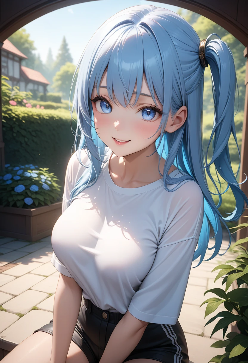 girl, blue hair, brown eyes, long hair, ponytail, big breasts, white T-shirt, black shorts