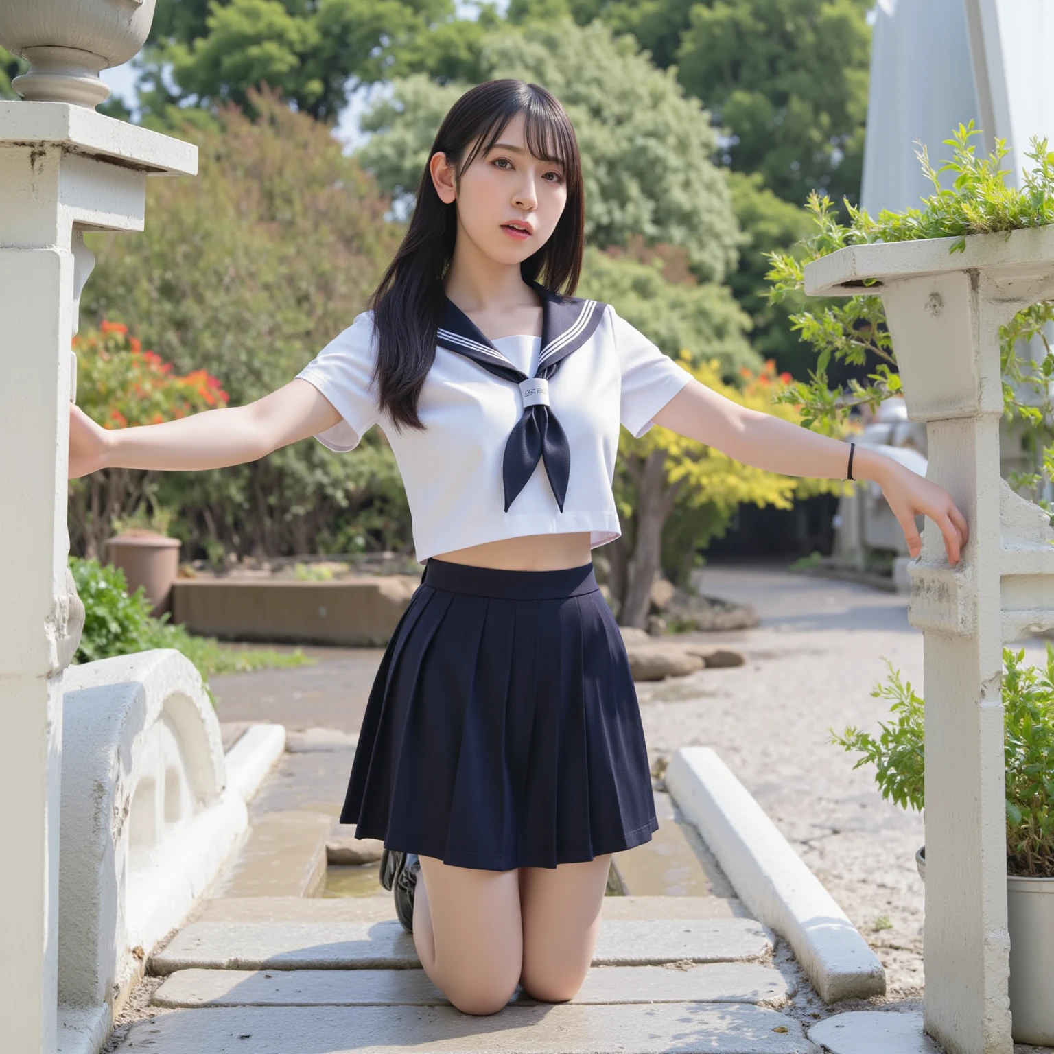High resolution、High resolution、In 8K、RAW Photos、Highest quality、masterpiece、1 girl in her 20s, Wavy Hair,Japanese high school uniform、Sit with your legs apart、Showing her ass、White panties、 Anatomically correct,bangs、Waist、thigh