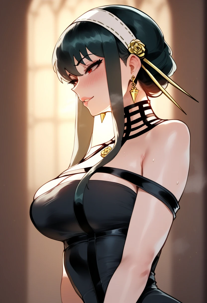 masterpiece, best quality, highres, aayorf, sidelocks, gold hairband, hair ornament, red eyes, gold earring, large breasts, choker, bare shoulders, black dress, two-sided dress, fingerless gloves, thigh boots, cowboy shot, standing, field, from side,