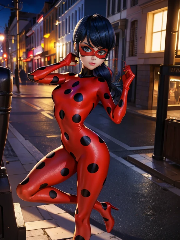 miraculous laydbug, with her red uniform, sexy pose, thin waist, wide hips, sexy pose, hot, latex uniforme, in the beach, ::perfect ass, ::hot ass