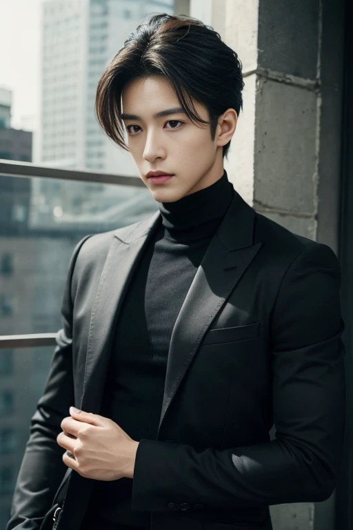 김태형 28 years old he's gay he love masturbation he is wearing black tight turtleneck
he is muscular he has an erection. handsome