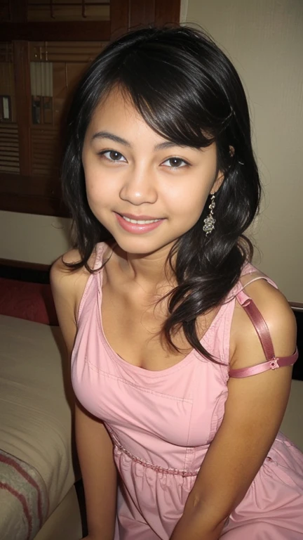 Young beautiful sweet Bogor city girl, 25 years old, her name is Salma, mixed descent from sundanese and Javanese, slim sexy body, medium size age breasts, big round naif childish eyes, cute little hawk type nose, shy and quite type girl, very messy sweaty medium long black hair with a bangs, big wide forehead, very sweet georgeus round childish face, wearing very thin pink mini babbydools dress, wearing cheap rubber sandals, standing cheerful relax at home yard, no makeup on her face, front view,
