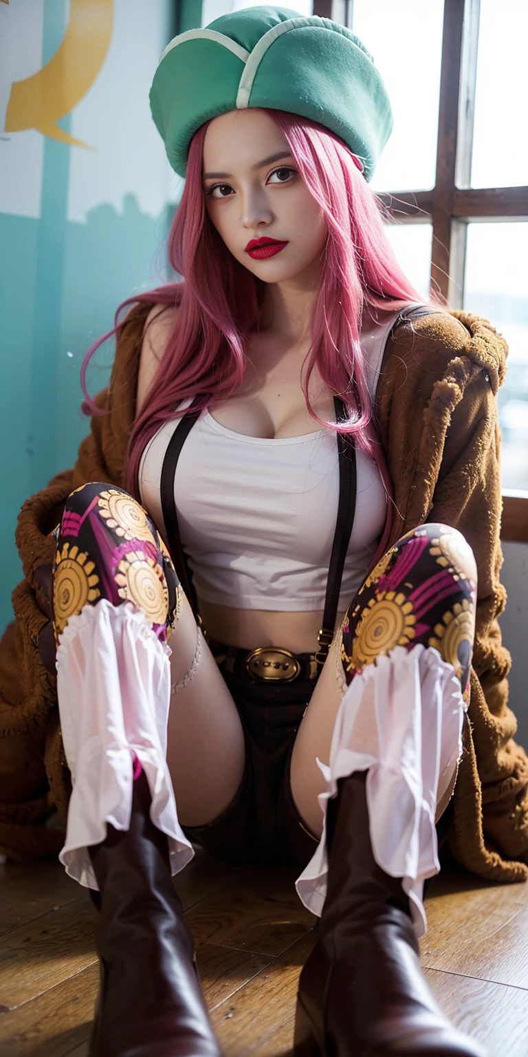 ionojacket,1 girl,pink eyes,solo, big breasts,indoors