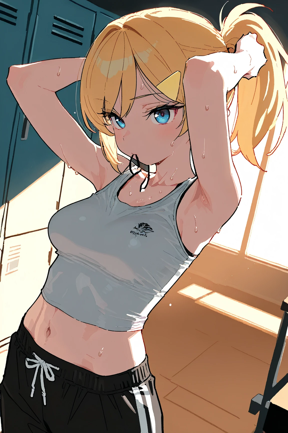 (highest quality、masterpiece:1.2), one woman,mature woman、sharp eyes、blonde、ponytail、Her bangs are parted and her forehead is visible.、Black Tank Top、cargo pants、 (big breasts)（With background、garage）Darker tones