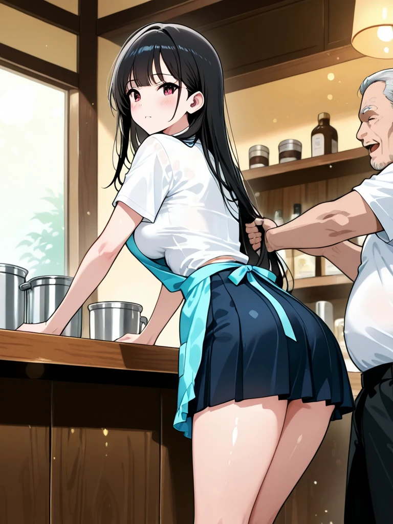 Young girl with black hair, long twintail, twintail hairstyle, (blue eyes), ((small bushy eyebrows)), ( she pulling down her underwear), wearing ta dress, loli, walking to school, flirty smile , suddenly having sex in public, ((doggy style sex)), ((public sex in a restaurant)) naked ass in the male crotch, ), perfect anatomy,(young boy fucking her)