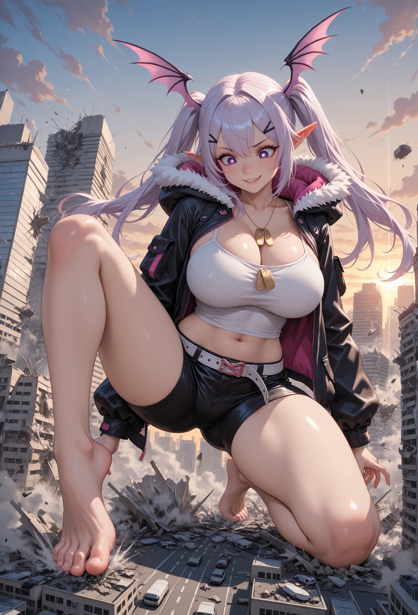 1girl, :3, fangs, medium breasts, puffy short hair, purple hair, purple eyes, purple hoodie, white shorts, destroyed city, yellow smog, masterpiece quality, ultra HD, 4K, best quality,