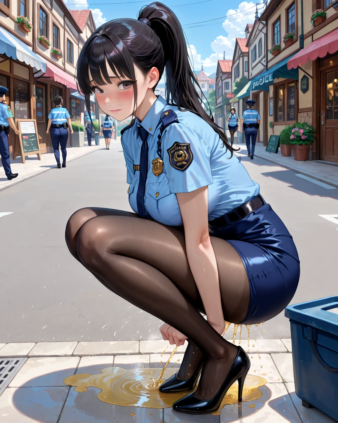 nsfw, (masterpiece, top quality, best quality, highly detailed:1.6), extremely detailed CG unity 8k wallpaper, strong facial expression, (sharp eye:1.2), (scowl:1.1), (embarrassed,blush:1.3), (steam:1.7), (wet:1.1), (sweat:1.1), (trembling:1.3), (open mouth, wavy mouth:1.4), (harf open eyes:1.5), (feeling weak:1.5), (shoot from front, looking at viewer:1.2), (squatting, skirt lift, clutching skirt:1.6), (at midnight), night, (downtown street, outside police car), (1 woman, outdoor, police uniform:1.4),((Blue Shirt, high waisted miniskirt,)), Police hat ,The background is a street corner, shoes, (long hair, brown hair, pubic hair, Brown:1.5), (woman trembling with sexual climax:1.5), colorful, full body, wide shot, perfect composition, (chrotch, pussy, urethra, panty, panties), urination, incontinence, piss, peeing self, A lot of pee, having an accident, pee running down legs, panties around one leg, (((pee stream))), (pee puddle), wetting herself, pee stain, peeing, blush, trembling, embarrassed, large breasts, Yellow pee, ((leaking pee)), Shaking one's shoulders, Breaking a sweat on forehead, puddle of pee, Pee at your feet, Pee spread on the floor, Pee stains, Dripping pee between my legs, Feet wet from pee, Pee-covered feet, Pee at your feet, want to pee, about to pee, Full bladder, Pee-soaked skirt, Pee-soaked shoes, natural makeup, A pair of partially removed panties is hanging around one of her ankles,