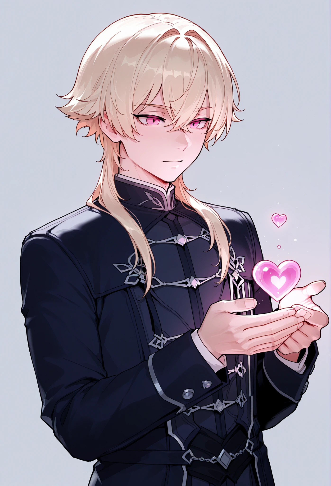 1boy, fembo, short blonde hair, pink eyes
