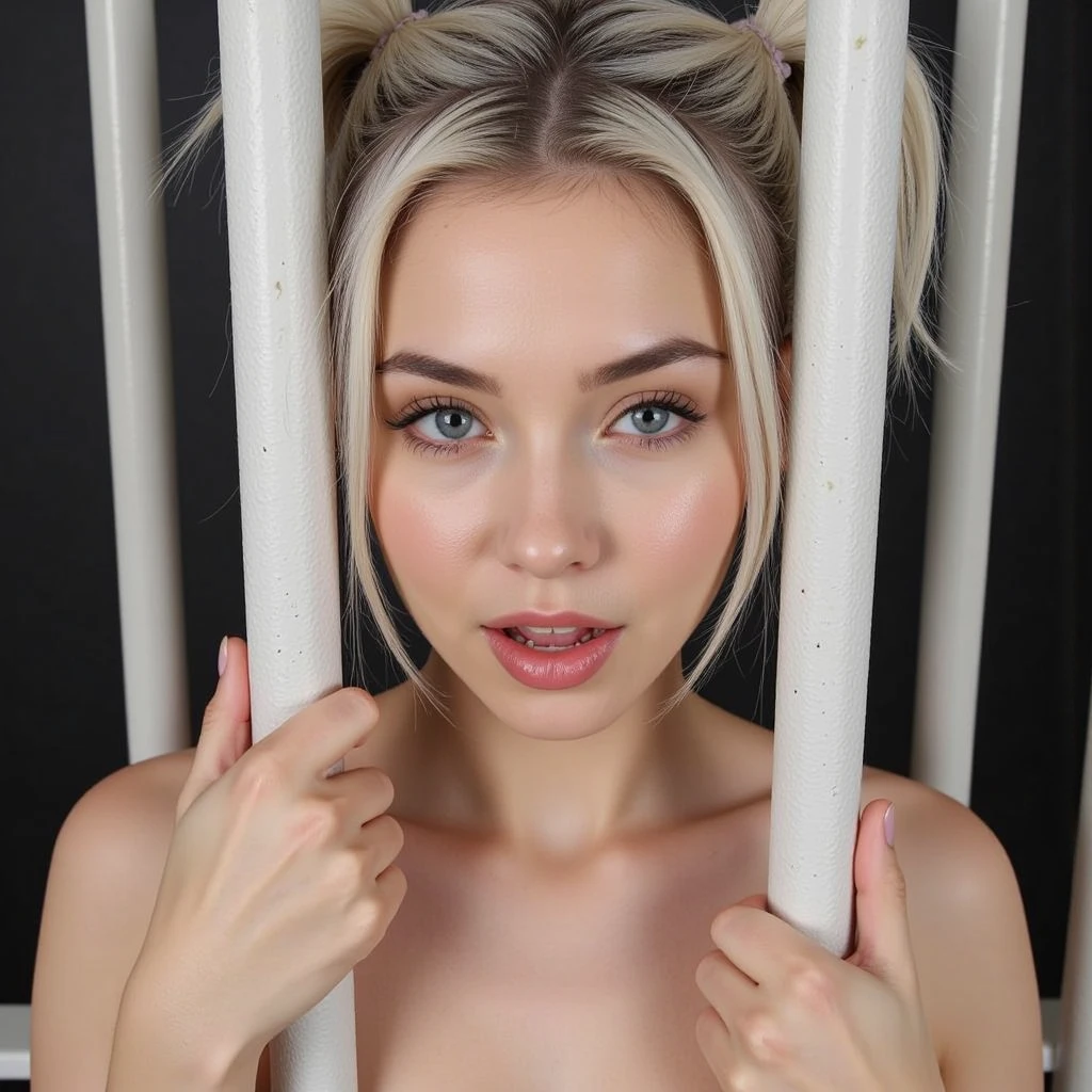 masterpiece, Highest quality, Girl with long silver hair, Completely naked, (chained), (handcuffs), (legs tied), (spread legs), (scared), (arms up), Pussy