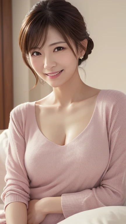 ((night, realistic light, best quality, 8K, masterpiece: 1.3)), 1 girl, slender beauty: 1.4, abdominal muscles: 1.1, (brown hair, medium breasts: 1.3), pink long sweater: 1.1, bathroom, The face is super delicate, exquisite eyes, double eyelids, Smile, necklace