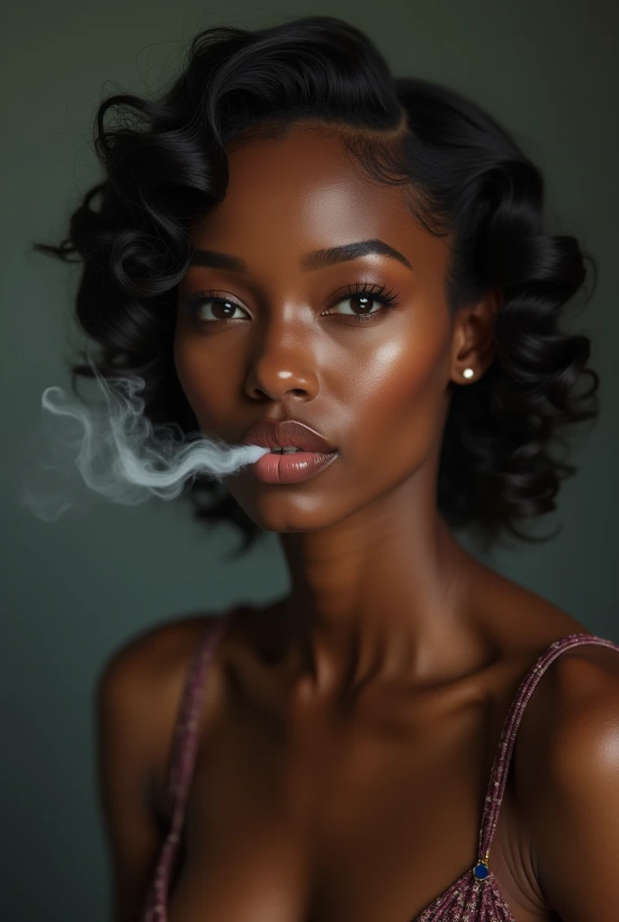 35 year old black woman with blue eyes smoking weed