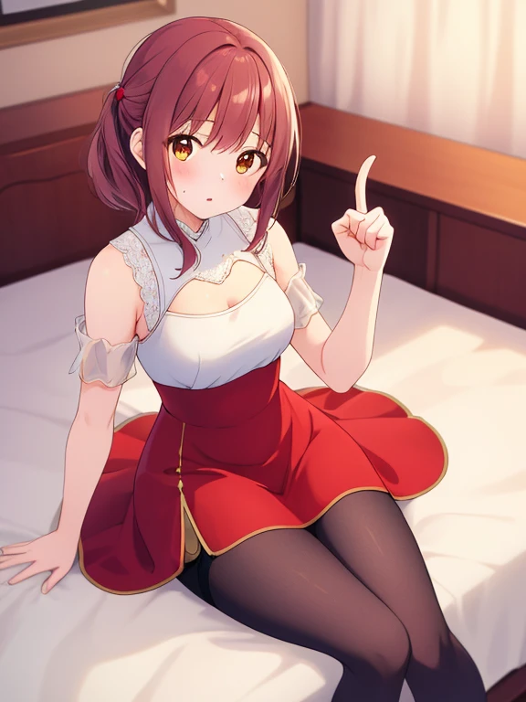 A female robot is sleeping in the bedroom, Spread your legs, Banzai pose. She is not wearing a dress. Her short brown hair is tied with two large red clothespins, She lifts the hem of her plain white dress, Lean on, masterpiece, Very short pigtails,Brown Hair, mature, Android, blue eyes, whole body像, height: 160cm, Blushed, 2020s anime images, A beautiful robot with short Brown Hair in two short pigtails held up by two very large huge red clothespins, boost mood, whole body, barefoot, Old-fashioned smile, Age 25, Sweat bucket.