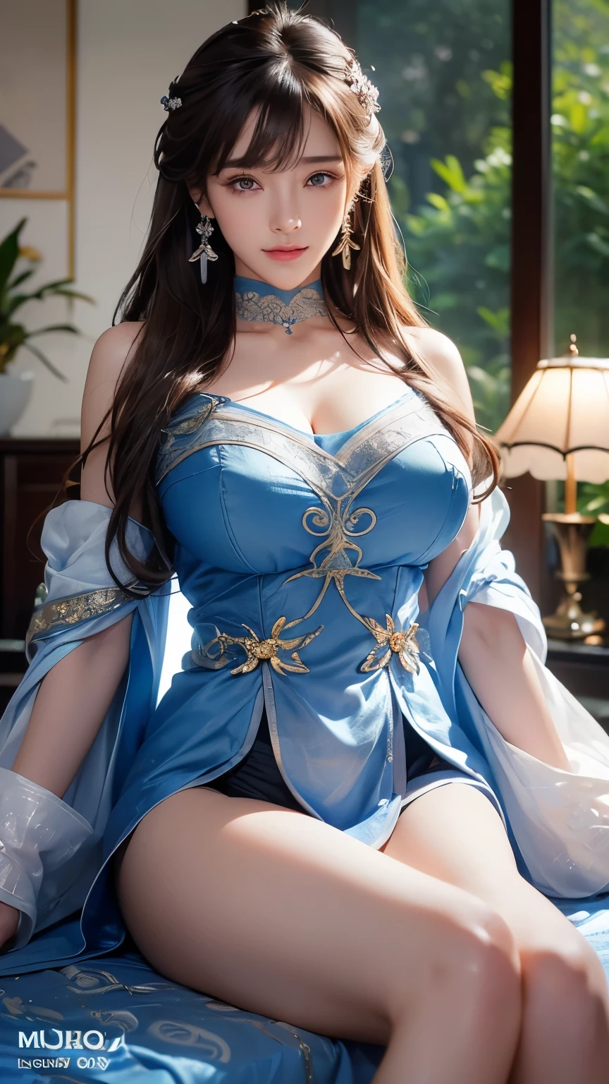 masutepiece, Best Quality, 17-year-old beautiful girl、Ultra-detailed, finely detail, hight resolution, Beautiful detailed eyes , Sexy face,Sexually aroused face、beutiful breast、Absolutely gorgeous blue princess rococo ball gown adorned with sparkling jewels and voluminous full-length hoop skirt、white hourglass waist,Padded and corset bodice、Gorgeous golden embroidery and beautiful lace、,Long Train,voluminous ruffles,see -through、Banquet venue、FULL BODYSHOT