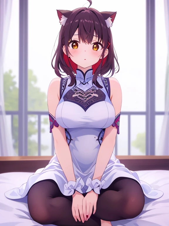 masterpiece, Highest quality, High resolution, One girl, alone, short hair, Brown Hair, Brown eyes, chest, Bedroom、Kneeling、((Nurse uniform))、mini skirt、((pantyhose))