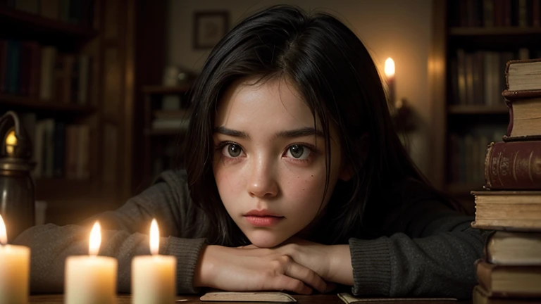 Dark Room, Candle flame on cake, Sad face, Black Background, Tragic, Ultra HD、128k、Masterpiece、A kindergarten girl、 clavicle, RAW Photo、Big-eyed girl in white clothes、Long face, Professional Lighting、Japanese anime style, I'm about to cry, Holding back tears