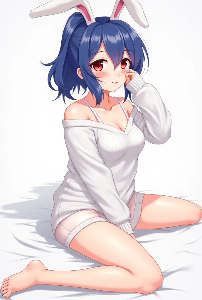 1girl, ultra high res, large chest, cleavage, oversized shirt, bent down, thigh, smile,