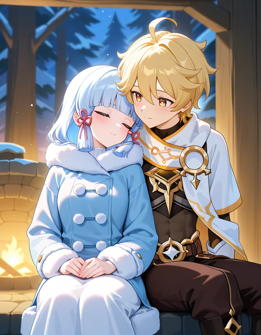 Lovely couple, 1 girl, 1boy, aether and ayaka, (Genshin Impact) anime style, masterpiece, feature, well detailed, background winter forest, time sunset 