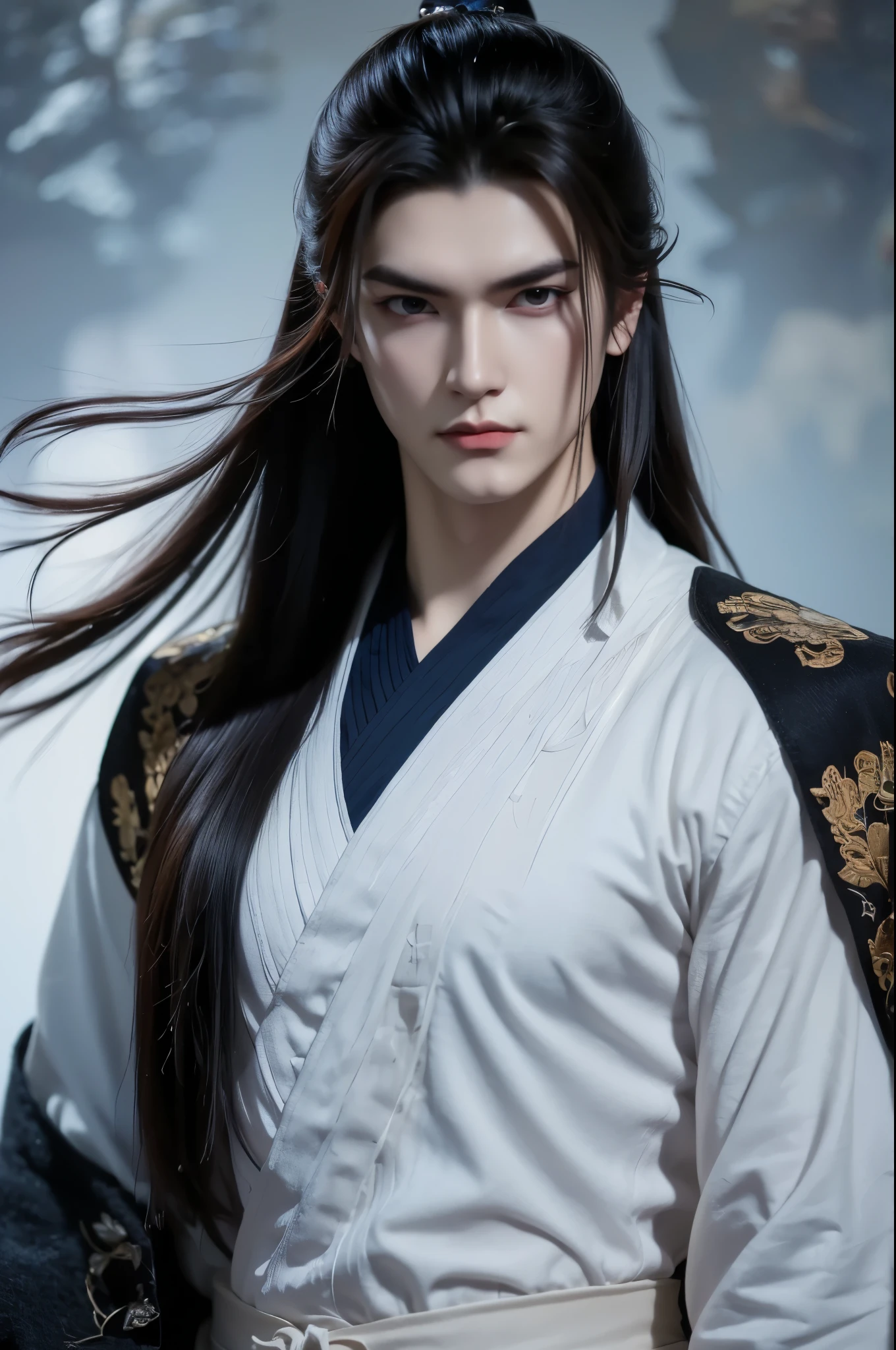 ''A beautiful portrait of Vuong Lam exudes a cold, majestic demeanor mixed with a bit of loneliness. His deep, dark blue eyes reflect resilience, experience and an inscrutable inner world, representing a man whose life has been shaped by countless challenges but remains steadfast. His handsome, sharp face exudes determination and intelligence. He has long flowing red hair in the ancient Xianxia style, enhancing his ethereal appearance. He wore an exquisite Xianxia-style outfit that radiated power and elegance. His outfit is in the style of the Xianxia and has blue embroidered edges, layered under a dark gray overcoat decorated with intricate sunken patterns. The color palette—black, brown, and gray—conveys maturity and mystery, blending perfectly into the world of immortals. The atmospheric background is hazy and ethereal, with subtle energy swirling around him, adding depth to his mysterious aura. The lighting is dramatic, emphasizing his noble yet melancholy presence. Incredibly detailed cinematic compositions, hyper-realistic textures, 8K resolution, fantasy-inspired masterpiece."