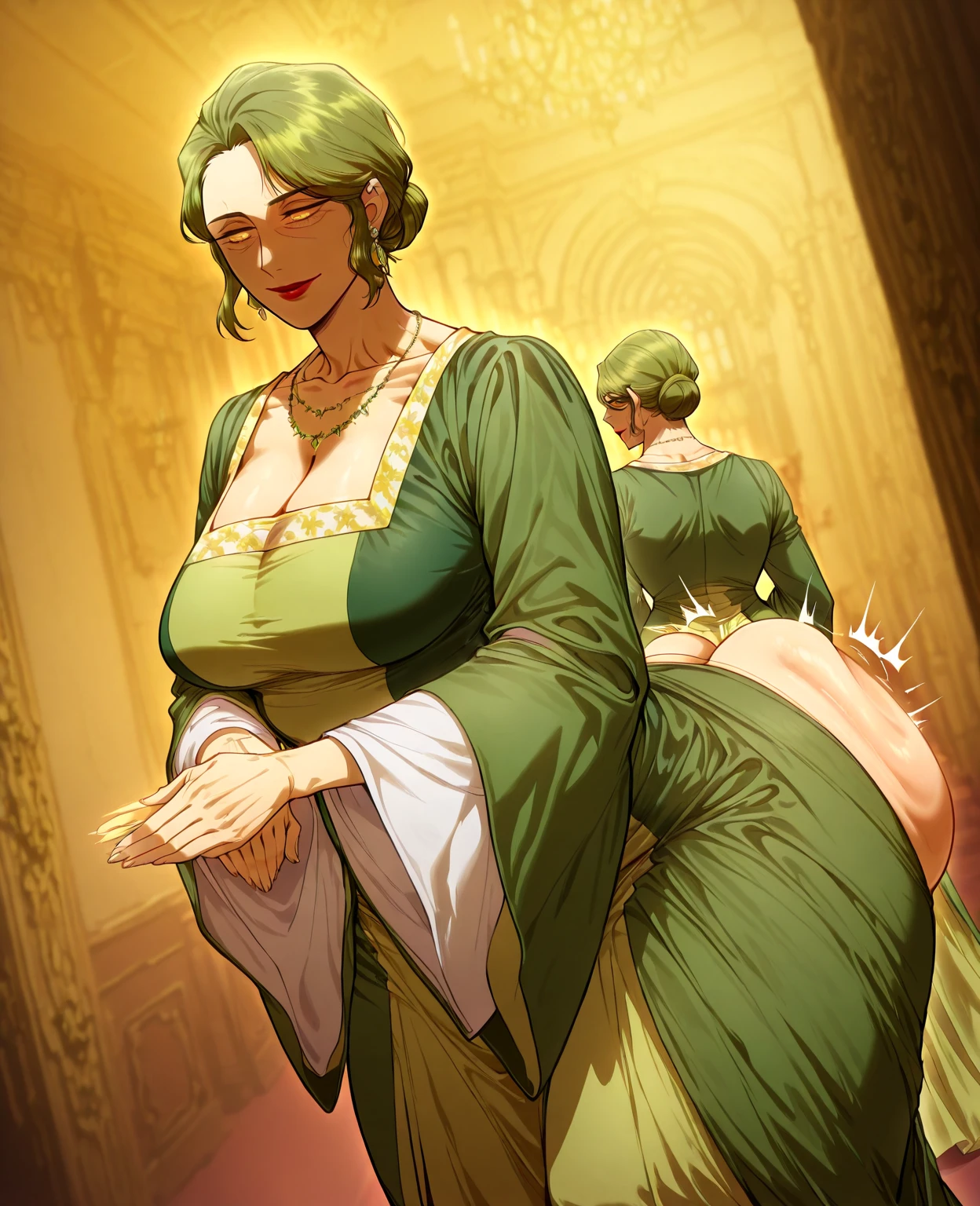 Create an anime-style illustration of a tall blonde woman, 30 years old, with long golden hair styled in large curls. She has green eyes and wears an elegant blue suit, reflecting her role as a school director with seductive and imposing style. Capture her intimidating gaze and arrogant yet impressive attitude. Her form-fitting dress enhances her impact, emphasizing her attractive and confident presence. Highlight her stunning beauty with unwavering facial features, even when furrowing her brow in annoyance."