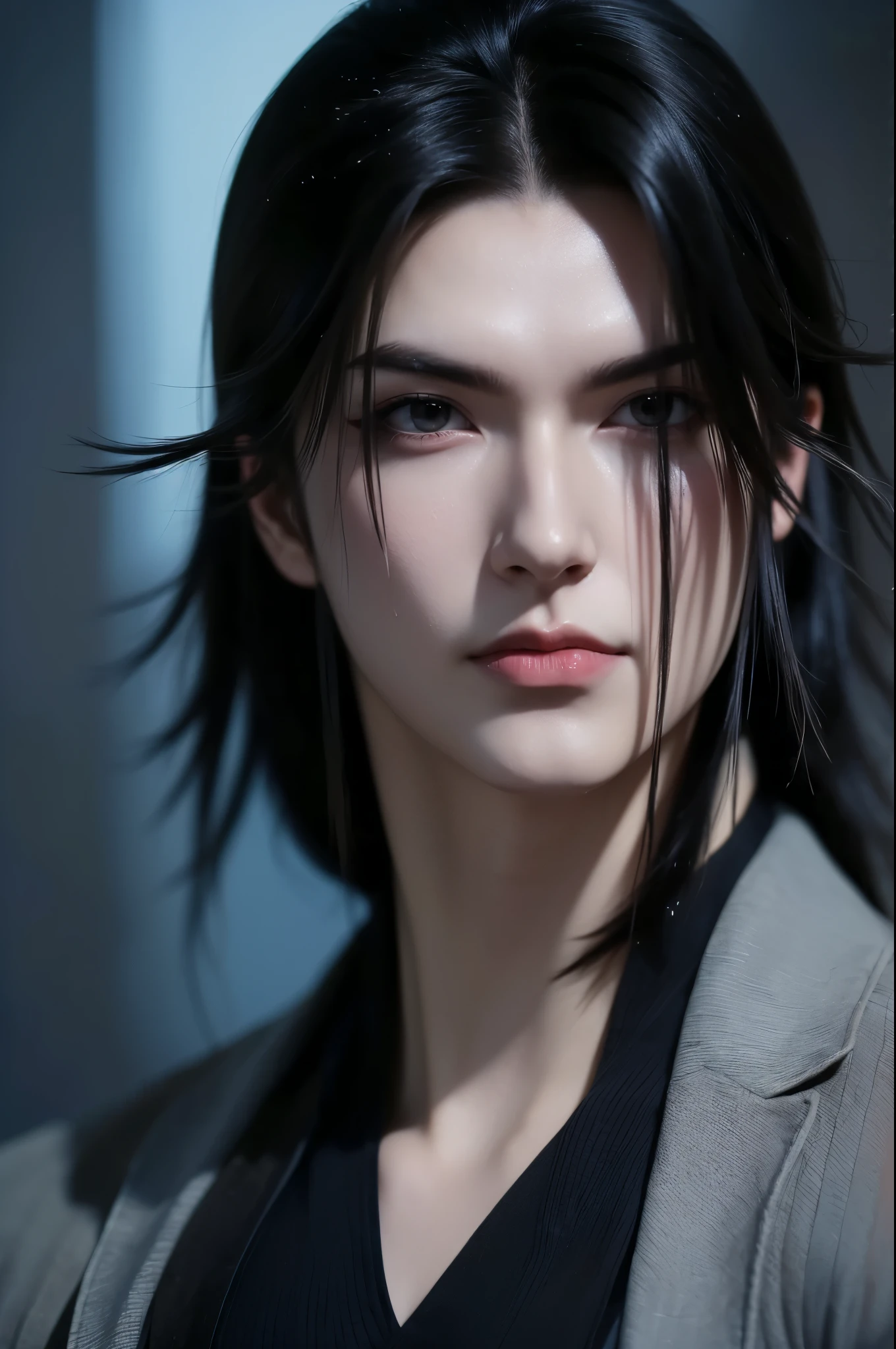 Solo Leveling
(portraiture 1/2) ultra-detailed 8K masterpiece of a lone male assassin character inspired by Kaneki Ken in Tokyo Ghoul, laugh confidently, cruel, in the art style of Solo Leveling. short black hair, glowing purple eyes, pale skin , cinema light, Strong depth of field. Black hood, rain drenched, standing alone in dark Tokyo cityscape. Hair partially covering the face, gaze attentively looking at the viewer, somber and dramatic expression. Luxurious fabric motif on