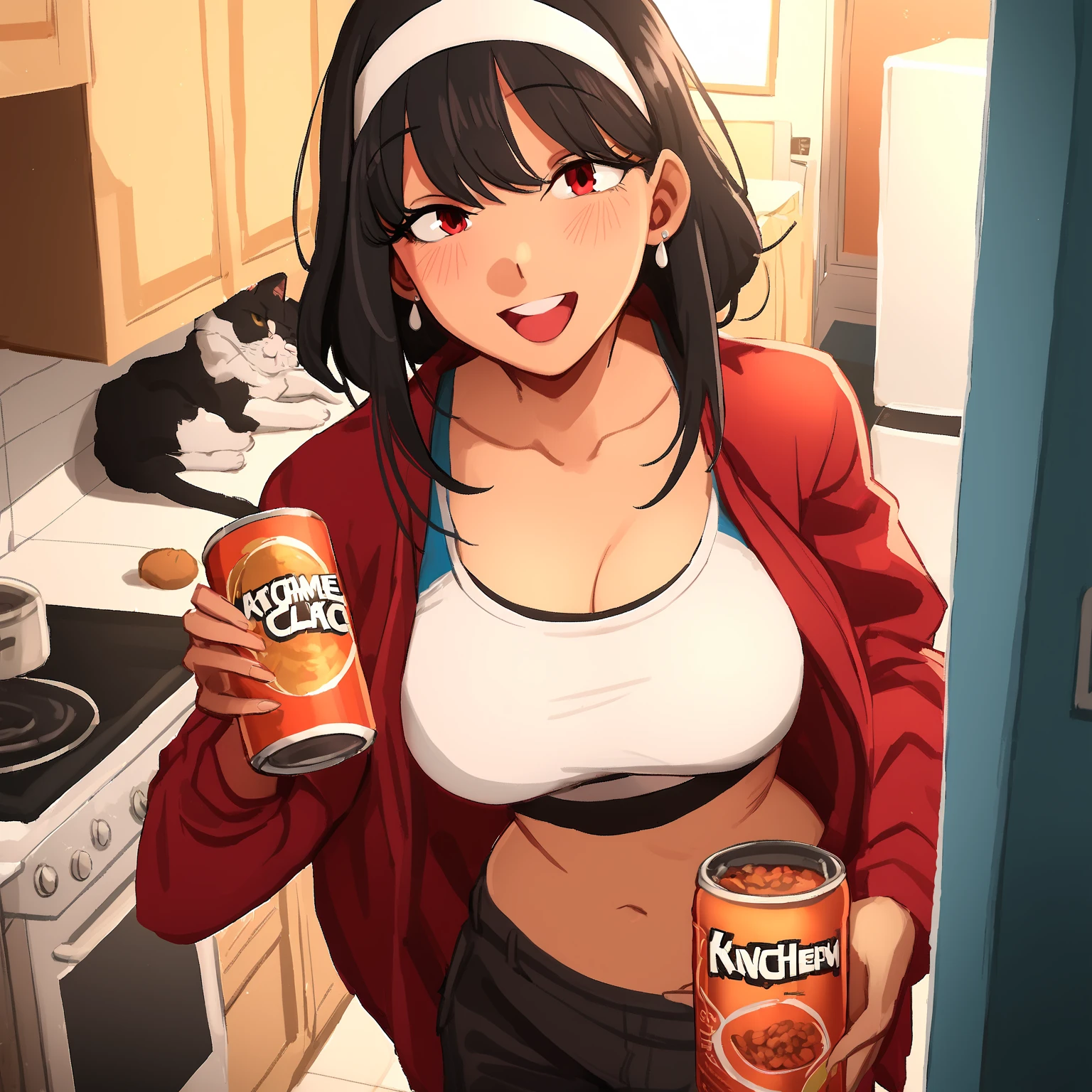 looking at viewer, solo, YorForger,1girl, ((middle breast)), ((nude)), ((belly stuffed)), ((very drunk)), ((staggers)), black hair, red eyes, short hair with long locks, white hairband, off shoulder, red sweater, black pantyhose, ((drank too much)), ((exhausted)), ((agitated)), ((in front of a fridge)), ((open fridge)), ((lean on the fridge)),