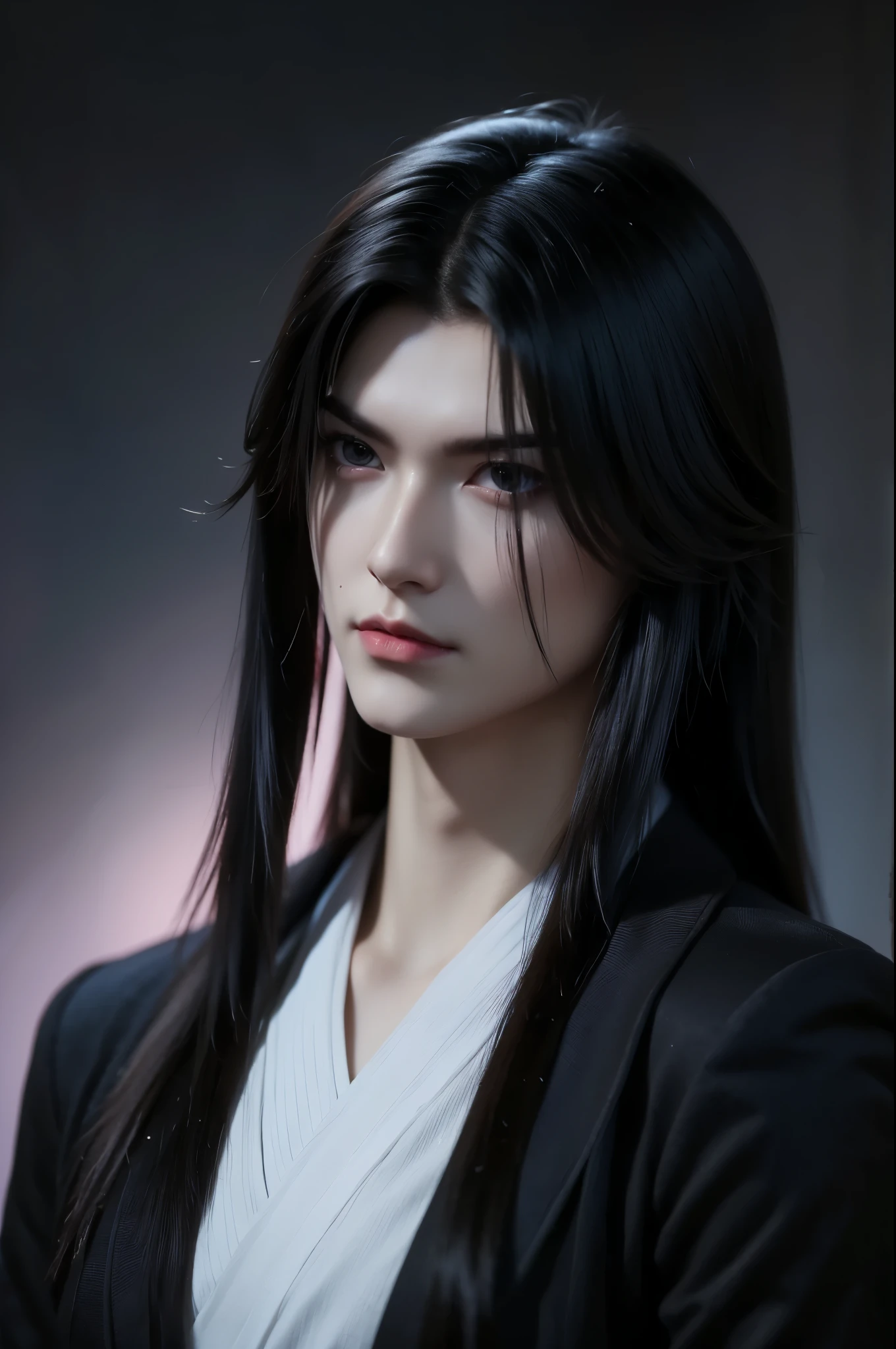 Solo Leveling
(portraiture 1/2) ultra-detailed 8K masterpiece of a lone male assassin character inspired by Kaneki Ken in Tokyo Ghoul, laugh confidently, cruel, in the art style of Solo Leveling. short black hair, glowing purple eyes, pale skin , cinema light, Strong depth of field. Black hood, rain drenched, standing alone in dark Tokyo cityscape. Hair partially covering the face, gaze attentively looking at the viewer, somber and dramatic expression. Luxurious fabric motif on