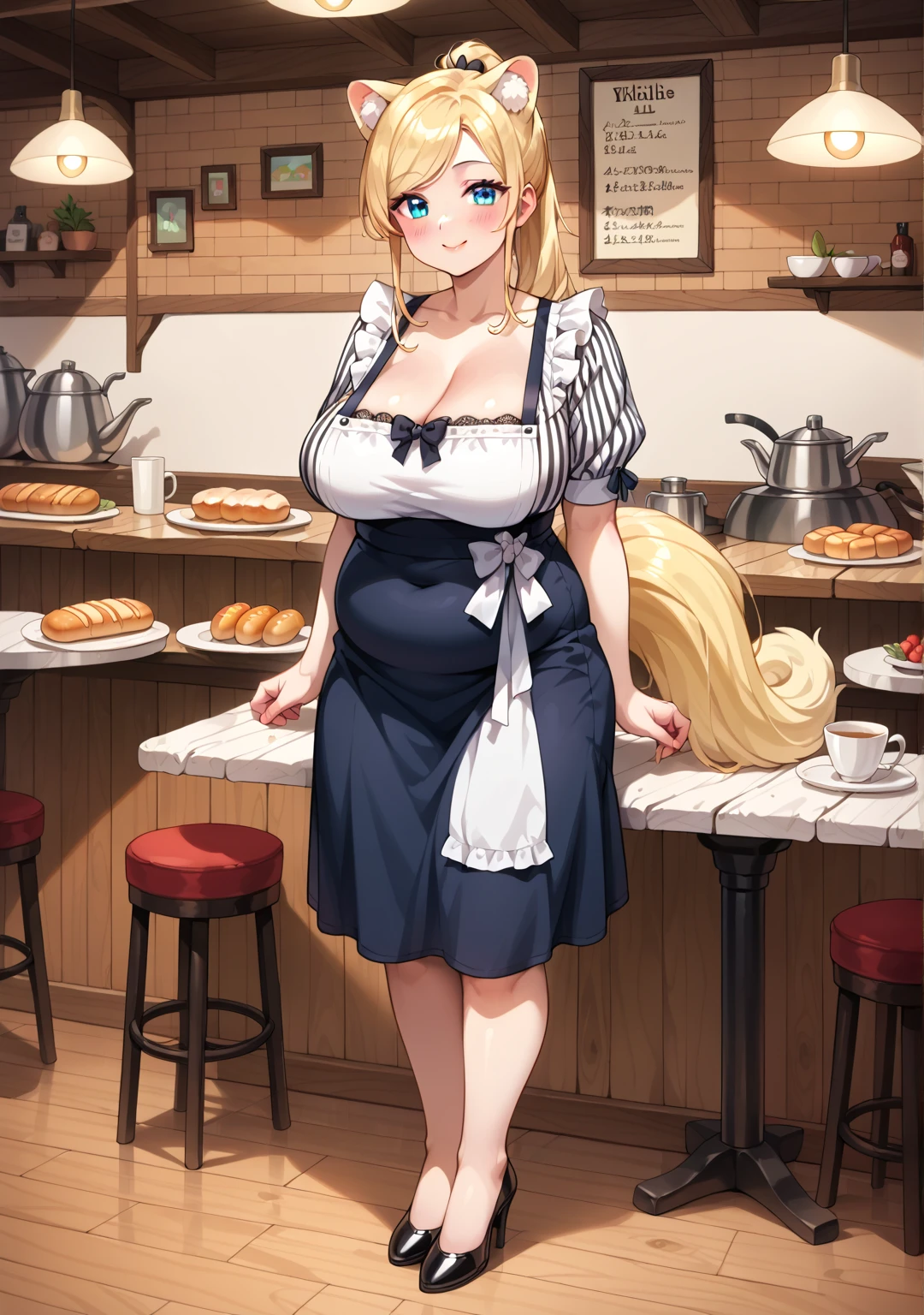 (Best Quality, Masterpiece),sexy , Front cover of a women's cooking magazine, naked,  erotic, 18+, nsfw, 1girl, 16  years old, stunning, cute, smile, hourglass figure, Maid costume, beautiful food, text, diagrams, advertisements, magazine title,                                                                                      long blonde hair,blue detailed sparkling eyes, rabbit ears ,One strand of hair hangs down over his forehead