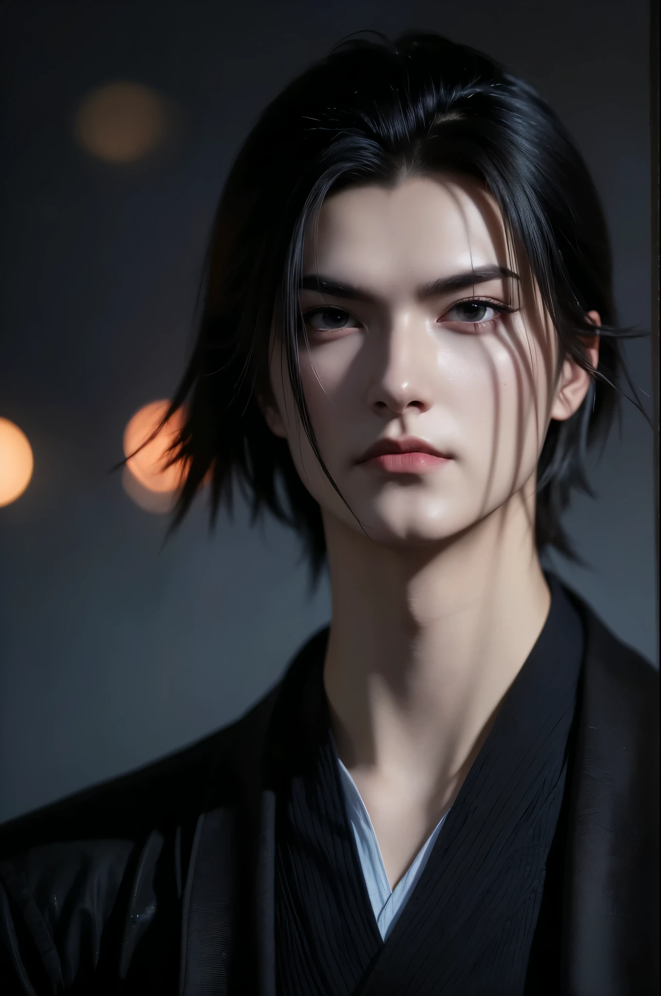 Solo Leveling
(portraiture 1/2) ultra-detailed 8K masterpiece of a lone male assassin character inspired by Kaneki Ken in Tokyo Ghoul, laugh confidently, cruel, in the art style of Solo Leveling. short black hair, glowing purple eyes, pale skin , cinema light, Strong depth of field. Black hood, rain drenched, standing alone in dark Tokyo cityscape. Hair partially covering the face, gaze attentively looking at the viewer, somber and dramatic expression. Luxurious fabric motif on