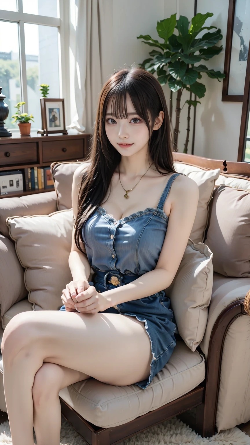 (フォトreal)、(Ultra-high realism)、(The Ultra-High Definition Eyes)、(Ultra high fine mesh)、(increase contrast)、(increase saturation)、 ( girl、small face、Extremely beautiful face, natural makeup)(fair skin)(sparkling eyes) beautiful woman with perfect figure、cute face、、(lifelike face)、short bob、hair behind ears、realな目、natural makeup、beautiful details、(Lifelike skin)、beautiful skin、Charm、Super - high quality、超real、real、Very fine、、bangs)、(inner、short sleeve denim dress、mini length)knee high boots、Cute Idol of Japan、tartan check、) brown hair、(stylish luxury hotel、hole)(sitting on the sofa)、beautiful cleavage、beautiful breasts、thin waist、big butt、thin thighs、full body shot、Bold and sensual pose、legs crossed