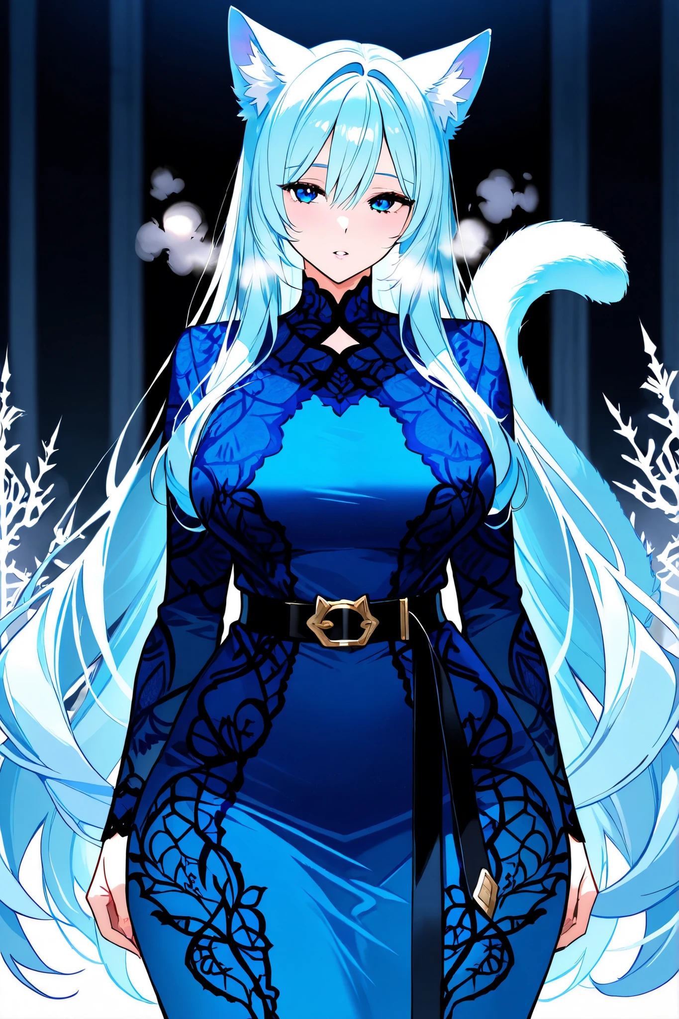 Adult female, very long light blue hair, bright blue eyes, blue dress with black patterns, black belt, cat ears and tail, wide hips, frost patterns, steam from breathing, soft look into the camera.